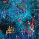 blue red and black abstract painting